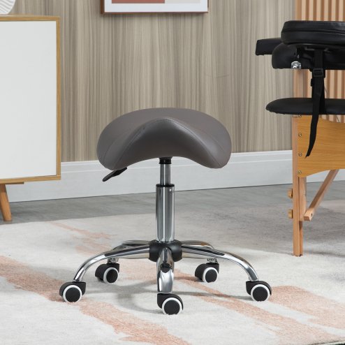 HOMCOM Cosmetic Stool 360?? Rotate Height Adjustable Salon Massage Spa Chair Hydraulic Rolling Faux Leather Saddle Stool Mobility, Grey