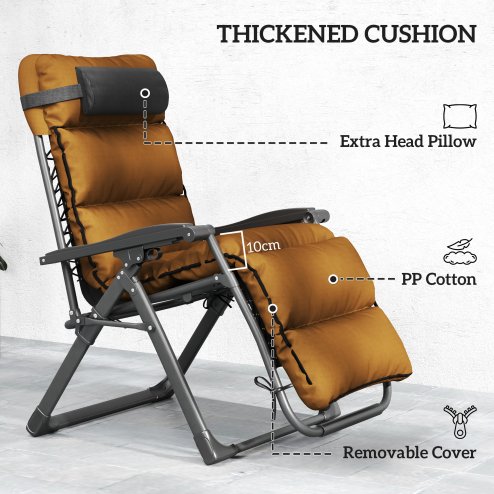 Outsunny Zero Gravity Chairs Set of 2, Folding Reclining Garden Chair, Outdoor Sun Lounger with Cushion, Garden Recliner Chairs with Headrest and Cup Phone Holder Tray for Beach, Brown