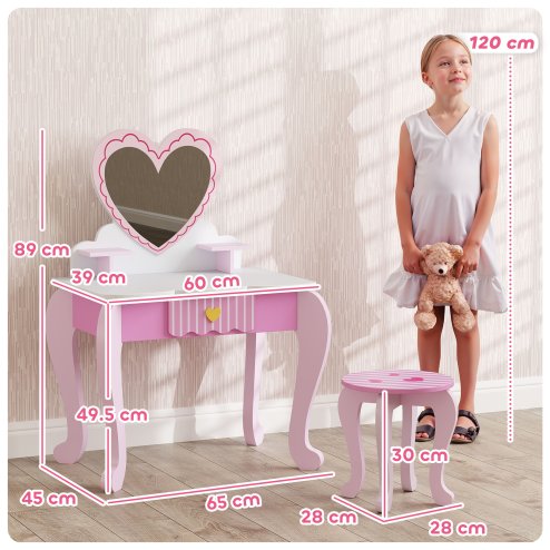 AIYAPLAY Kids Dressing Table Set, 2-Piece Children Vanity Table with Stool, Mirror, Drawer, Desktop, Storage, Heart-Themed Makeup Desk and Chair, Pink