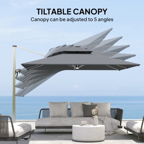 Outsunny 3(m) Garden Cantilever Parasol with Solar LED Lights, Overhanging Patio Umbrella with Cross Base, 360 Rotation, Crank Handle and Tilt, 8-Rib Outdoor Hanging Sun Shade, Grey