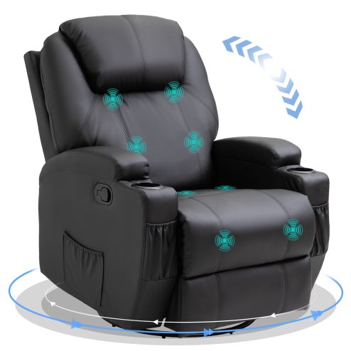 HOMCOM Recliner Chair, Recliner Massage Rocker Chair with 360° Rotate, 165° Reclining Function, Adjustable Footrest, Swivel Armchair Single Sofa for Living Room with Drink Holders, Side Pockets, Black