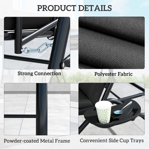 Outsunny 3 Seater Garden Swing Seat Bed with UPF30+ Adjustable Canopy, Convertible Swing Chair with Cushion, Outdoor Hammock Bench with Cup Trays for Balcony Patio, Black