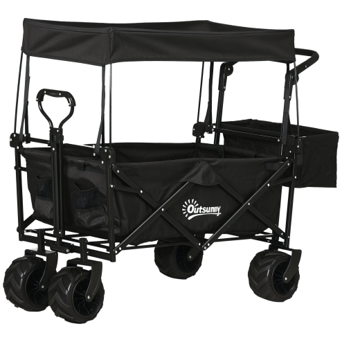 Outsunny 120L Festival Trolley on Wheels, Folding Camping Trolley Cart with Removable Canopy, All-Terrain Wheels, Adjustable Handle and Side Pockets for Garden Beach Fishing Shopping, Black