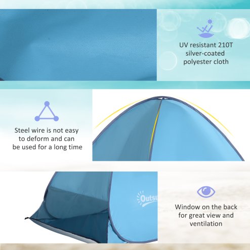 Outsunny Pop up Beach Tent, UV 30+ Portable Sun Shelter with Carry Bag, 2x1.5m for 2-3 Person, Blue