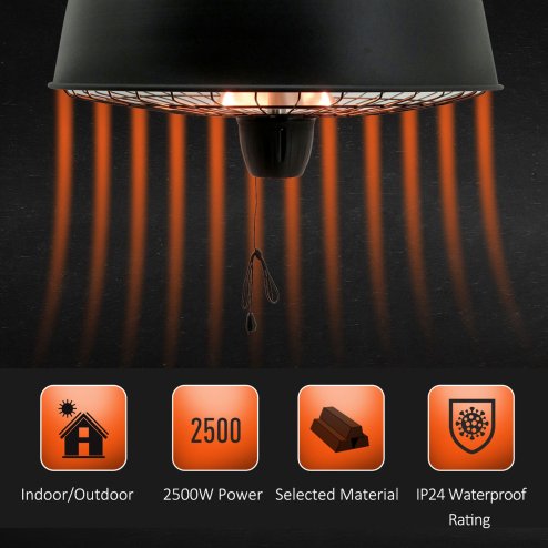 Outsunny Adjustable Power 1000/2500W Infrared Halogen Electric Patio Light Heater, Ceiling Hanging Mount -Black