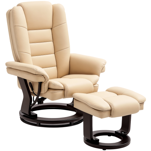 HOMCOM Recliner Chair With footstool, Recliner Armchair up to 130kg Weight Capacity, 135 Reclining Swivel Sofa Chair, PU Leather Ergonomic Couch Bed with Swivel Wood Base for Living Room, Beige