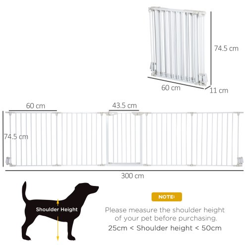 PawHut Pet Safety Gate, 5 Panels Playpen Fireplace, Metal Fence, Stair Barrier, Room Divider w/ Walk-Through Door - White