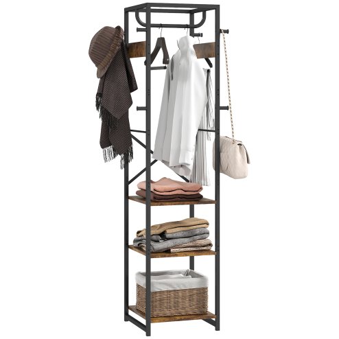 HOMCOM Coat Rack, Freestanding Coat Stand with 3 Shelves and 8 Hooks, Clothes Stand for Entryway, Hallway, Bedroom, 170 x 38.5 x 30 cm