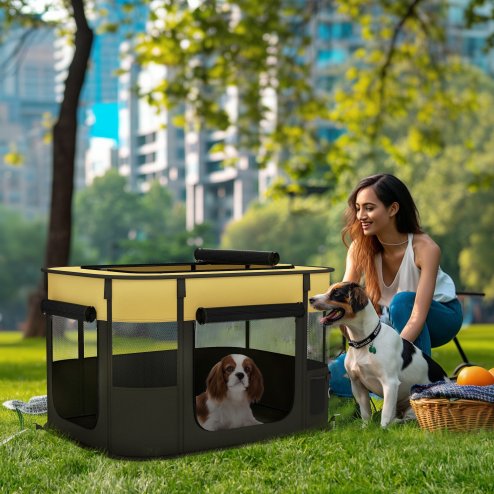 PawHut Dog Pen, Pet Playpen, Portable Foldable Dog Cat Playpen Soft Pet Cage with Storage Bag for Puppies, Rabbits, Kittens, Guinea Pigs, 84 x 64 x 53cm - Yellow