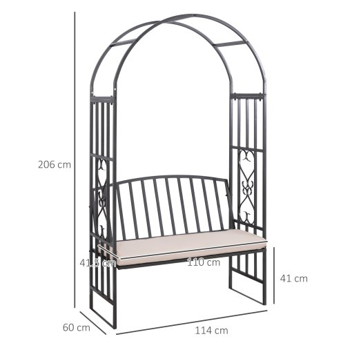 Outsunny Garden Metal Arch Bench, Outdoor Furniture Chair with Cushion Outdoor Patio Rose Trellis Arbour Pergola, for Climbing Plant 114L x 60W x 206H cm