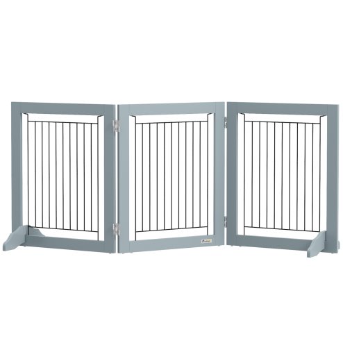 PawHut Freestanding Dog Cate, Foldable Wooden Pet Gate with  - 61cm Tall, for Stairways, Doorways, Hallways, Small Dogs - Grey