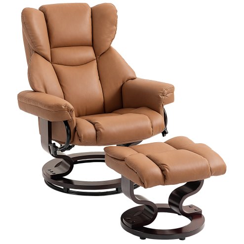 HOMCOM 360° Swivel Recliner Chair with Footstool, PU Leather Manual Recliner Armchair with Footstool, Solid Wood Base, Upholstered Reclining Chair for Living Room, Bedroom, Office, Brown