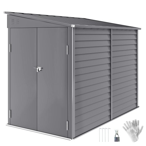 Outsunny 5 x 9ft Galvanised Metal Garden Shed with Foundation Kit, Outdoor Lean-to Shed, Tool Storage House with Lockable Doors, Gloves and 2 Air Vents for Patio, Garden, Grey