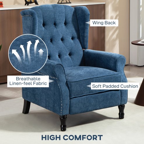 HOMCOM Recliner Armchair, Vintage Reclining Chair with Nail Head Trim, Wingback Chair with Button Tufted Back and Footrest, for Living Room, Royal Blue