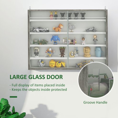 HOMCOM 5-Tier Wall Mounted Display Cabinet, Display Case with 4 Adjustable Shelves, Glass Doors for Home Office Ornaments 60x80cm, Grey Wood Grain