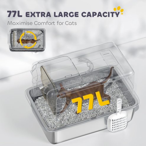 PawHut Stainless Steel Cat Litter Box, Extra Large Metal Cat Litter Tray with Lid, Scoop, Filter Bags, Grey