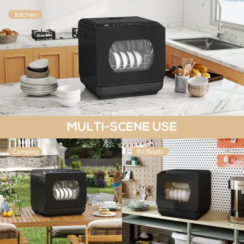 HOMCOM Table Top Dishwasher, Mini Countertop Dishwasher No Plumbing with Built-in 6L Water Tank, 6 Programs, Touch Control, LED Display, 4 Place Settings, Dual Water Supply and Fruit Wash, Black