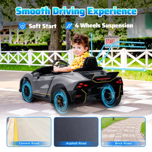 AIYAPLAY 12V Lamborghini Autentica Licensed Kids Electric Car with Butterfly Doors, Ride on Car with Remote Control, 4 Suspension Wheels, Soft Start, LED Lights, Music, Horn, Grey