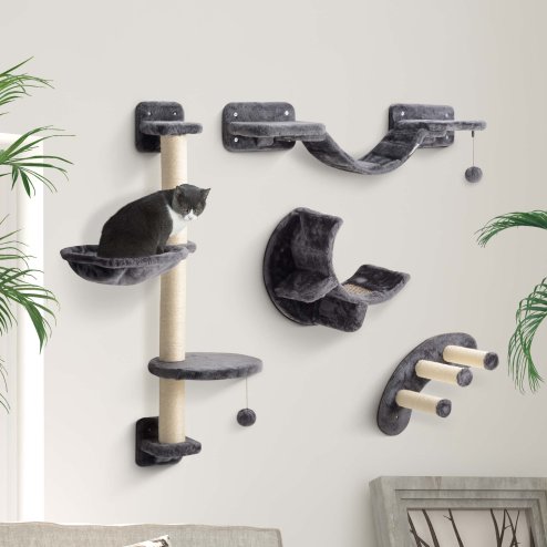 PawHut 4 Piece Cat Shelves, Cat Wall Furniture with Hammock, Scratching Posts, Soft Ladder, Steps, Jump Platforms, for Indoor Kittens - Dark Grey