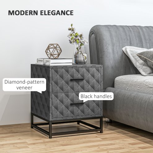 HOMCOM Bedside Tables Set of 2, Modern Bedside Table Nightstand with 2 Drawers, Bedside Cabinet Sofa Side Table with Storage, Steel Legs for Bedroom, Living Room, Grey