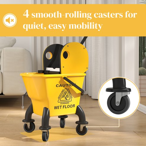 HOMCOM Mop Bucket with Wringer Set on Wheels for Floor Cleaning, 26 Litre Down Press Wringer with Handle and Mop, Yellow