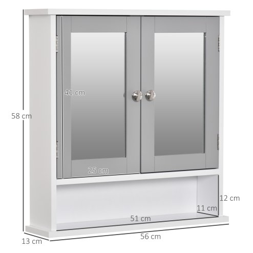 kleankin Mirror Cabinet Wall Mounted with Double Mirrored Doors, Hanging Cabinet with Cupboard and Shelf, Bathroom Wall Storage Organiser