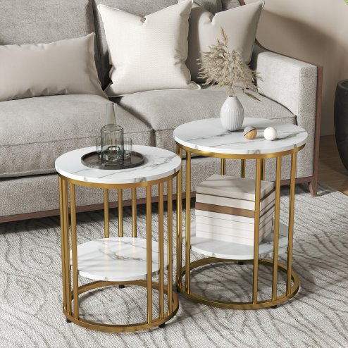 HOMCOM Round Coffee Table Set of 2, Marble-Effect Side Tables with Storage Open Shelf and Steel Frame for Living Room, Bedroom, Gold Tone