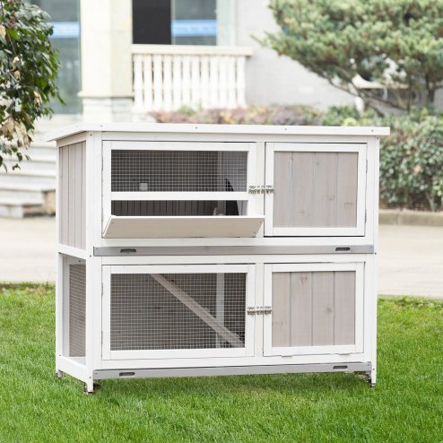 PawHut 4 FT Rabbit Hutch 2-Tier Wooden Bunny Cages Guinea Pig Hide House with Tray, Ramp and Wheel, Cover - Grey