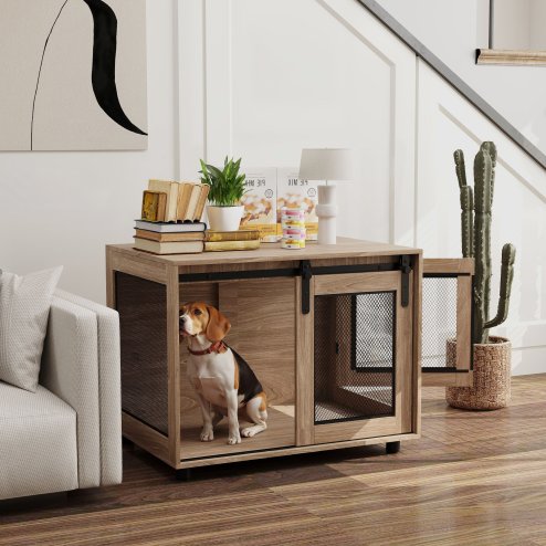 PawHut Dog Crate Furniture, Dog Cage End Table with Sliding Door, Pet Kennel for Medium Breeds, 80 x 58.5 x 63cm, Walnut Brown