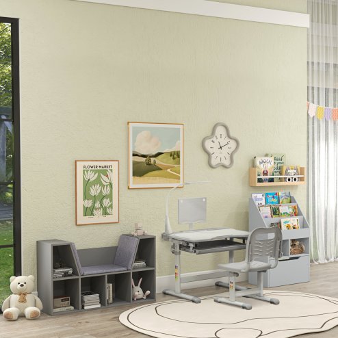 HOMCOM Kids Bookshelf with Storage Drawer, Children's Bookcase with Wheels, Toy Organiser for Bedroom, Playroom - Grey