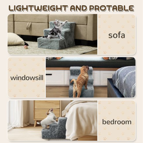 PawHut Dog Steps for Sofa, 3 Steps Dog Stairs, Pet Stairs, with Washable Plush Cover, for Small Breeds, Cats - Light Grey