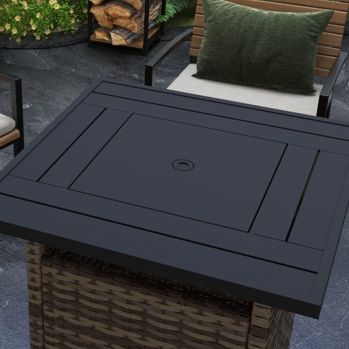 Outsunny Outdoor Rattan Gas Fire Pit Table, 50,000 BTU Square Garden Table with Fire Pit, Rain Cover, Wind Guard, Pulse-Ignition and Volcanic Rock, 72.5 x 72.5 x 67.5 cm, Mixed Brown
