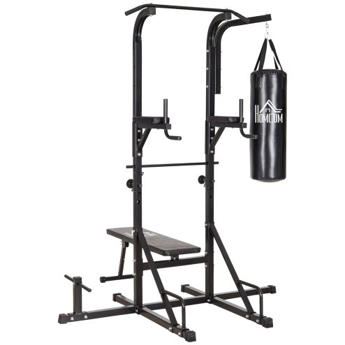 HOMCOM Home Gym Power Tower with Bench and Punching Bag, Multi-Function Adjustable Dip Sit Up Workout Station Equipment Heavy Duty for Home