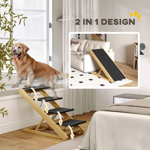 PawHut Dog Steps Dog Ramp, 4-Step Adjustable Height Pet Stairs for Large Sized Dogs, Foldable Dog Stairs for Bed Sofa, with Non-slip Surface