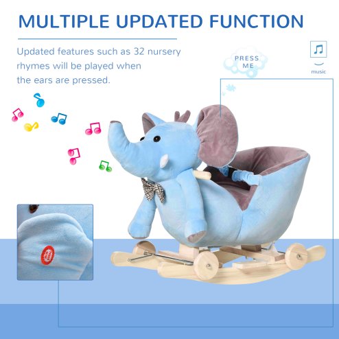 HOMCOM 2 In 1 Plush Baby Ride on Rocking Horse Elephant Rocker with Wheels Wooden Toy for Kids 32 Songs for 18+ Months (Blue)