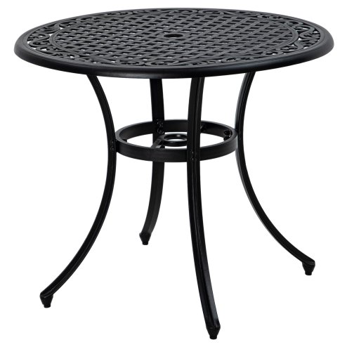 Outsunny Garden Table with Parasol Hole, 90cm Round Outdoor Dining Table for 2-4, Cast Aluminium Bistro Coffee Table for Balcony - Black