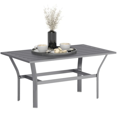 Outsunny Metal Garden Coffee Table, Rectangular Outdoor Side Table with Slatted Tabletop, Foot Pads for Outside, Garden, Balcony, Porch, 91.5 x 55 x 45cm, Dark Grey