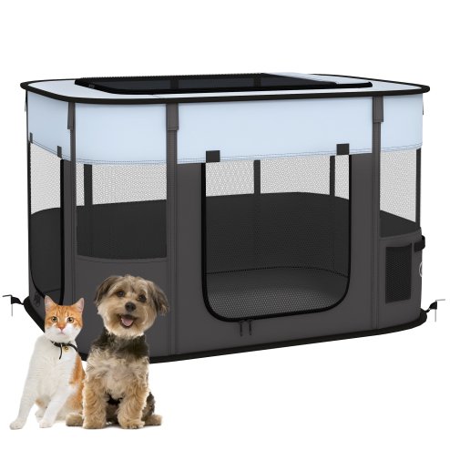 PawHut Dog Pen, Pet Playpen, Portable Foldable Dog Cat Playpen Soft Pet Cage with Storage Bag for Puppies, Rabbits, Kittens, Guinea Pigs, 94 x 74 x 60cm - Grey