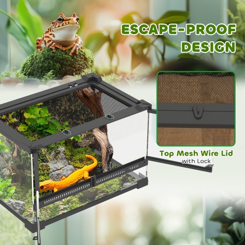 PawHut Reptile Glass Terrarium, Reptile Vivarium with Stone Background, Front Ventilation, Escape-Proof Knob Lock, Glass Enclosure for Lizards, Horned Frogs, Snakes, 30 x 20 x 20 cm, Black