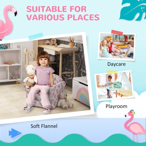 AIYAPLAY Kids Sofa Chair, Toddler Armchair with Flamingo Design, Wooden Frame, Upholstered Toddler Chair for Bedroom, Playroom, Kids Room - Pink