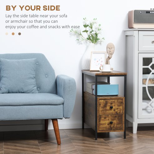 HOMCOM Side Table, Narrow Bedside Table with 2 Drawers and Storage Shelf, Industrial End Table with Metal Frame for Small Spaces