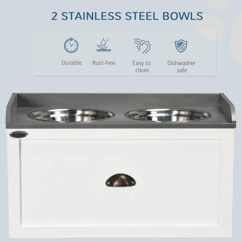 PawHut Stainless Steel Raised Dog Bowls, Double Dog Food and Water Bowl w/ 21L Storage Drawer, for Large Dogs - White