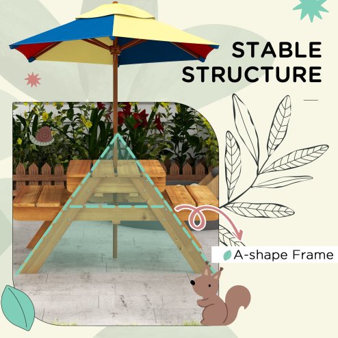 Outsunny Kids Picnic Table 3 in 1 Sand Pit Table Wooden Garden Furniture Bench Sand and Water Pit, with Removable Parasol, for Ages 3-6 Years Outdoor