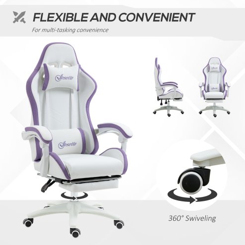 Vinsetto Computer Gaming Chair, PU Leather Office Desk Chair with Footrest, Swivel Wheels, 135?? Reclining Back, Lumbar Support, Headrest for Home, White and Purple