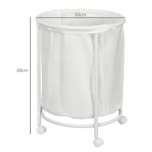 HOMCOM 100L Rolling Laundry Basket on Wheels, 50cm Round Laundry Hamper with Removable Bag and Steel Frame for Bedroom, Bathroom, Laundry Room, Cream White