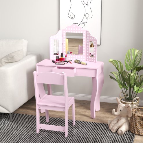 AIYAPLAY Kids Dressing Table with Tri-Fold Mirror and Stool, Kids Vanity Table, Girls Make up Desk with Drawer, for Aged 3-8 Years Old - Pink