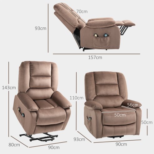 HOMCOM Power Lift Riser and Recliner Chair with Vibration Massage and Heat, Velvet Fabric Electric Recliner Armchair for Elderly with Remote Controllers, Side Pocket, Quick Assembly, Brown