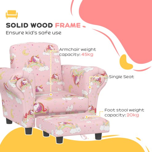 AIYAPLAY Kids Armchair with Stool, 2 Piece Kids Sofa Set with Unicorn Design, Wooden Frame, Upholstered Kids Chair for Bedroom, Playroom, Kid Room, for 1.5-3 Years Old, Pink