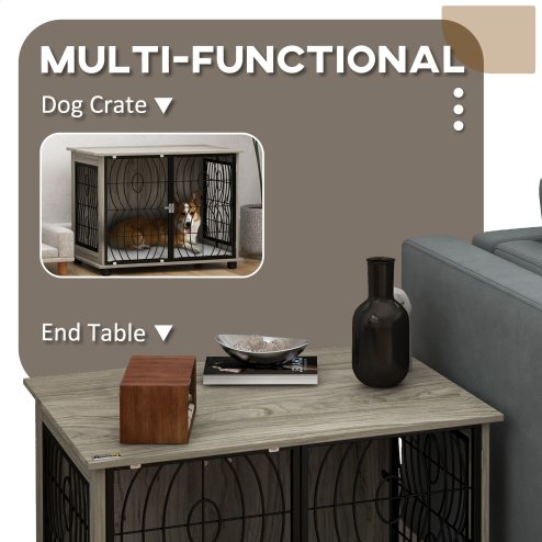 PawHut Dog Crate Furniture, Dog Cage End Table with Large Top, Soft Washable Cushion, Lockable Front Door, Wire Mesh Ventilation, Indoor Pet Crate for Medium Sized, 80 x 56 x 63cm - Grey wood effect