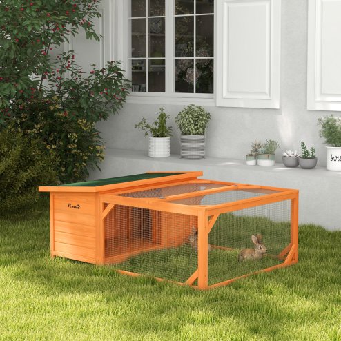 PawHut Rabbit Hutch Outdoor Guinea Pig Hutch with Run Small Animal Off-ground Duck House Hideaway Backyard with Openable Roof 125.5 x 100 x 49cm Orange
